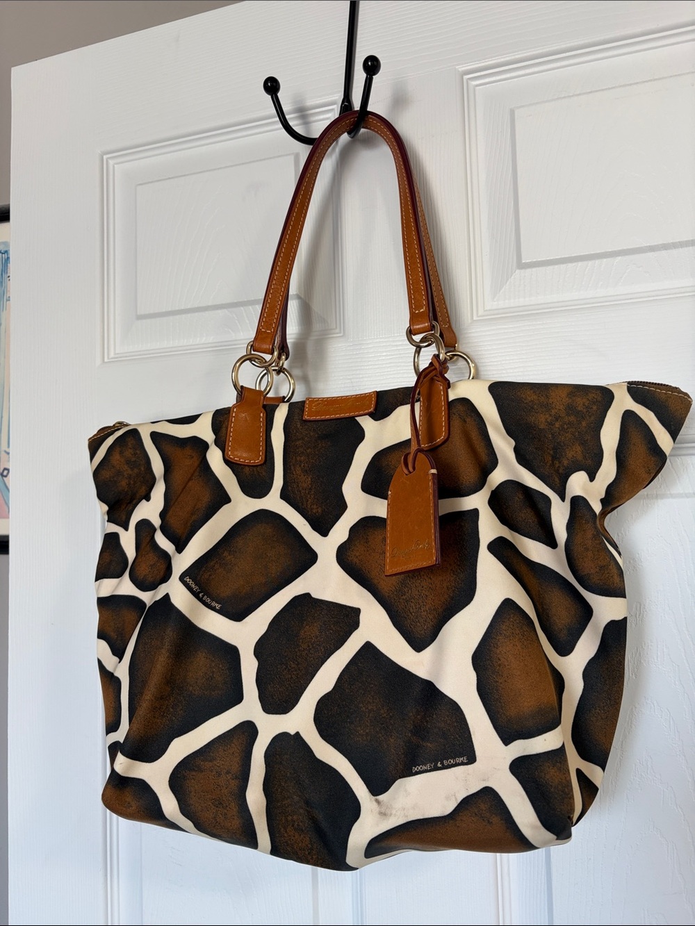 Dooney & Bourke Brown Giraffe-Print Tote Bag with Tan Handles
